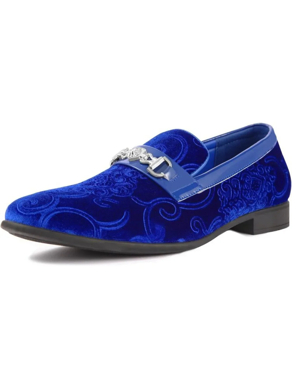 Men's Royal Blue Luxury Paisley Velvet Gold Buckle Loafers Slip On Dress Shoes